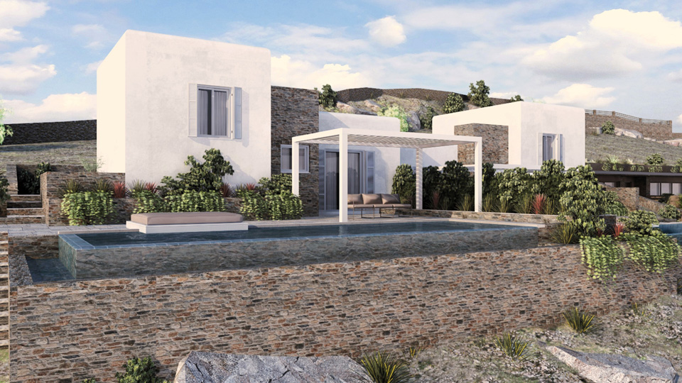 Two cave residences with swimming pools & two traditional ground-floor residences with basement and swimming pools / Andros