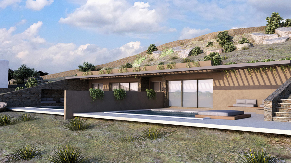 Two cave residences with swimming pools & two traditional ground-floor residences with basement and swimming pools / Andros