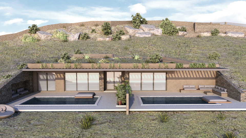 Two cave residences with swimming pools & two traditional ground-floor residences with basement and swimming pools / Andros