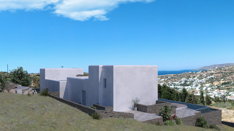 Two cave residences with swimming pools & two traditional ground-floor residences with basement and swimming pools / Andros