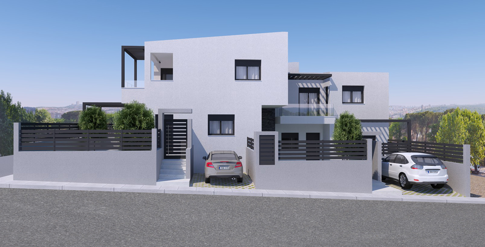 Complex of three two-storey residences with roofs and swimming pools / Paiania