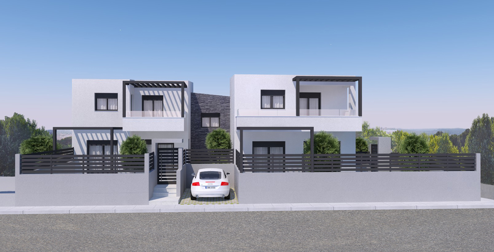Complex of three two-storey residences with roofs and swimming pools / Paiania
