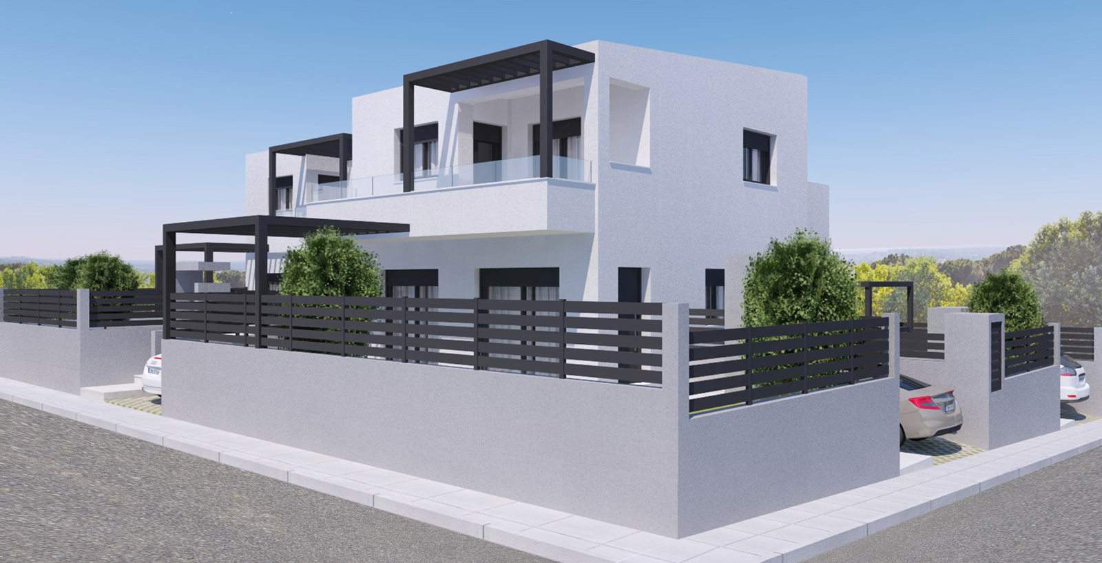 Complex of three two-storey residences with roofs and swimming pools / Paiania