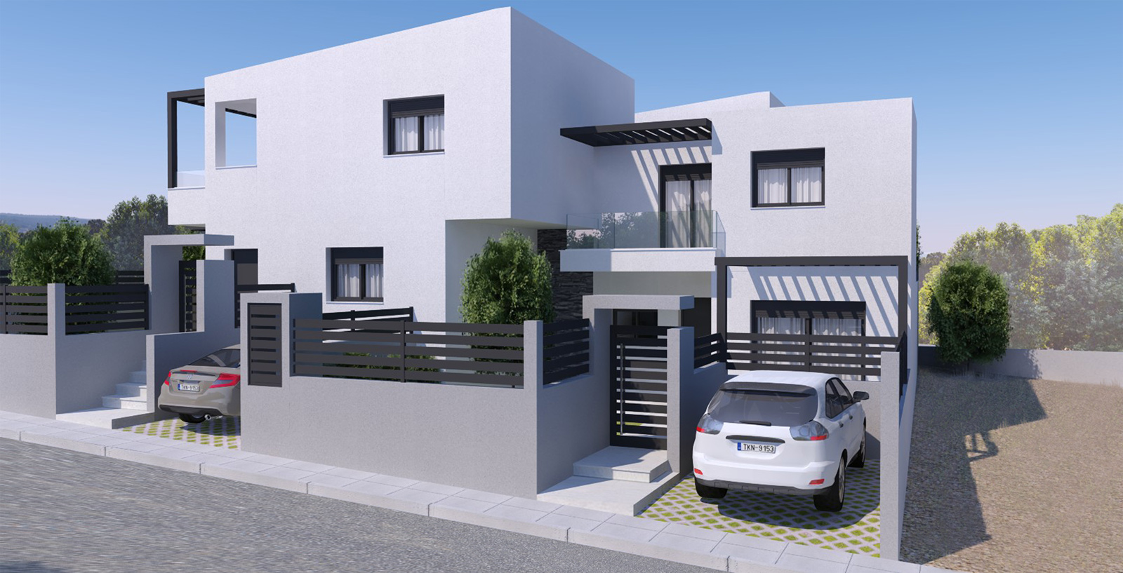 Complex of three two-storey residences with roofs and swimming pools / Paiania